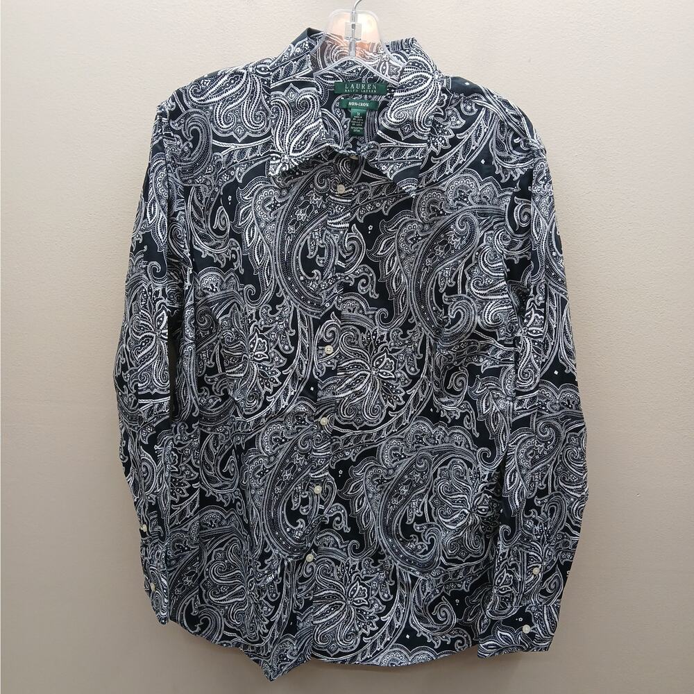 Lauren Ralph Lauren Paisley Print Non-Iron Button Up Shirt Black & White Size 1X